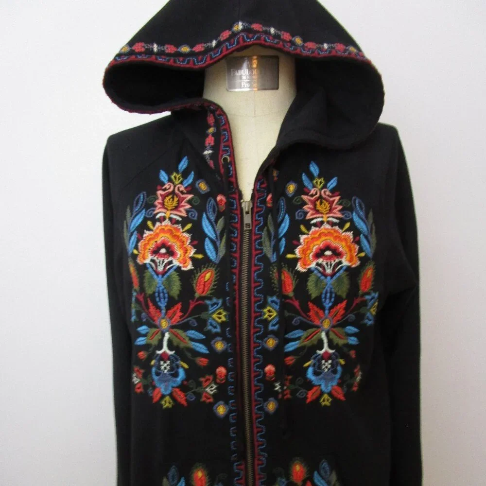 Black Hoodie Full Zip Embroidery Boho Kangaroo Pocket - Picture 1 of 12